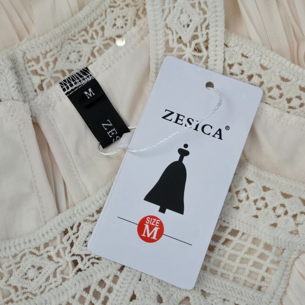 NWT | Zesica Pleated Crochet Halter Dress | Cream White | Medium - Picture 6 of 8